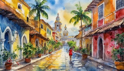 Fototapeta premium Calles coloniales cartagena de indias colombia acuarela