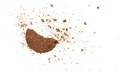 Pile cake crumbs, chocolate cookie flying isolated on white, clipping path	