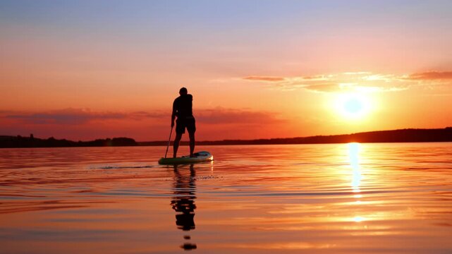 Beautiful time and place for meditational paddle boarding. Man floats on the sup board by the river at sunset. Low angle view.