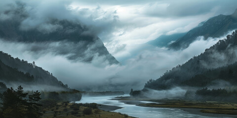 Obraz premium River winding through misty mountain valley with dense fog