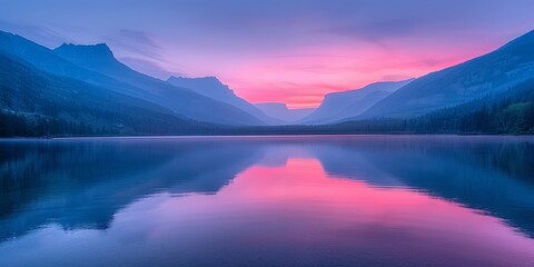 Landscape with mountains at sunset and lake reflection in vibrant colors