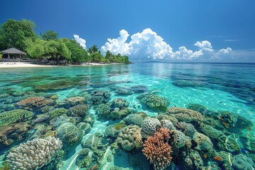 Fototapeta premium A tropical island with white sandy beaches, crystal-clear water, and colorful coral reefs visible through the water.