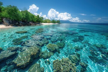 A tropical island with white sandy beaches, crystal-clear water, and colorful coral reefs visible through the water.