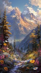 Mountain landscape with wildflowers, trees, and a stream in the foreground