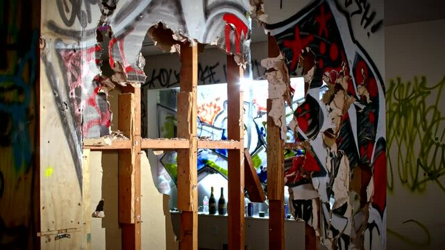 Wide shot of a wall that has been graffiti painted and destroyed by sledge hammers during a house party