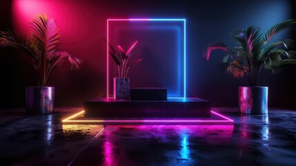 High-resolution 3D render of geometric shapes illuminated by a neon spectrum, casting sharp shadows on an abstract surface