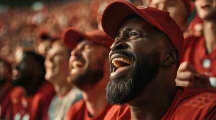 Obraz premium Intense moment as spectators stand and cheer at a touchdown in an American football game, showing diverse expressions of joy