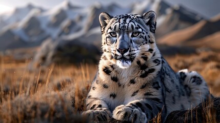 Fototapeta premium Majestic portrait of an endangered snow leopard in its natural mountain habitat, capturing its elusive beauty