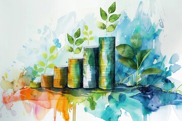 Abstract watercolor painting of coins growing into a plant, symbolizing growth and prosperity.