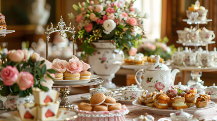 Elegant high tea setting with fine china, tiered trays of pastries, and floral arrangements, illustrating sophistication and tradition.


