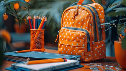 Colorful Polka Dot Backpack Sits Next to Neatly Arranged School Supplies on a Desk