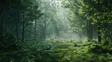 Obraz premium A lush green forest with a misty morning.