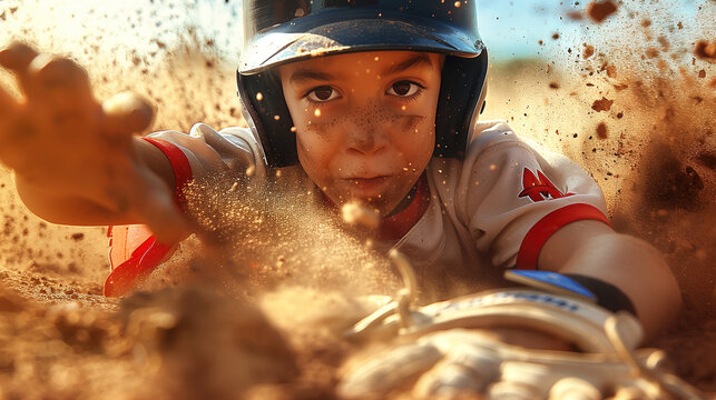 A young baseball player is sliding into a base, covered in dirt.