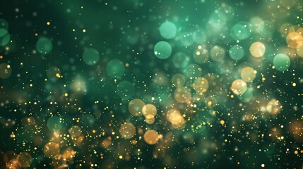 Christmas luxury abstract dark green background with golden blurred glitter lights and sparkles. Festive backdrop with copy space for holiday, birthday, New Year, St Patrick's Day