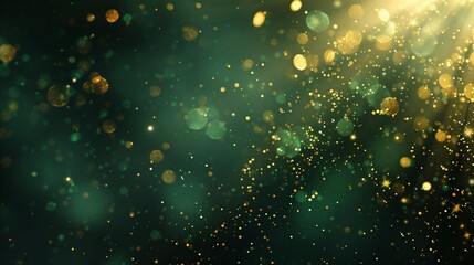 Christmas luxury abstract dark green background with golden blurred glitter lights and sparkles. Festive backdrop with copy space for holiday, birthday, New Year, St Patrick's Day