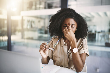 Office, black woman and eye strain with headache for tired, poor ergonomics and digital fatigue of...