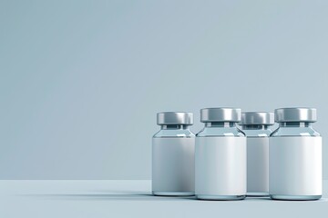 Quatre flacons en verre transparent avec étiquettes blanches sur fond bleu