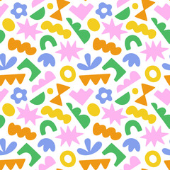 Abstract modern art seamless pattern with colorful freehand doodles. Organic flat cartoon background, simple shapes in bright childish colors.	
