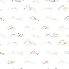 Abstract hand drawn mountain landscape seamless pattern illustration. Vintage travel scenery environment background with sunset, outdoor drawing doodle wallpaper texture.	
