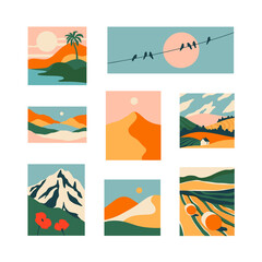 Set of retro nature landscape post card stamp. Vintage style natural environment scenery postage sticker collection, travel destination mail, beautiful tourism scenery. Includes mountain, beach view.	