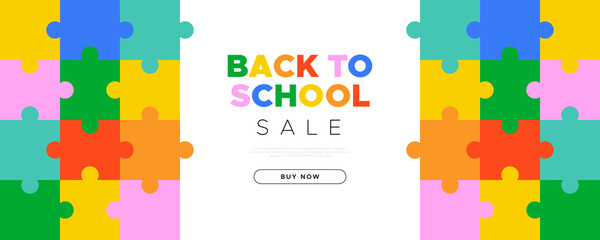 Back to school sale geometric web banner template. Modern flat education supplies cartoon icon background, fun study supply illustration. Children stationery shop, online business discount design.	
