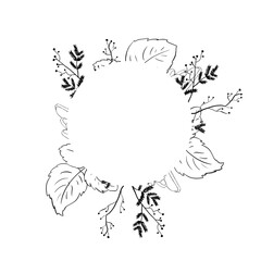 Wreath with large leaves, small berries and fluted leaves, black and white illustration