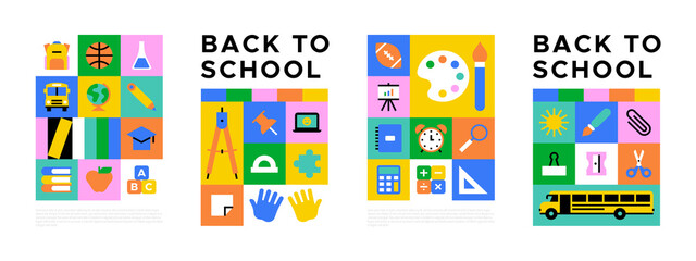 Colorful back to school geometric mosaic banner set. Modern flat education cartoon icon background, fun study concept illustration. Children stationery template, college subject symbol collection.