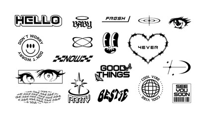 Trendy Y2K sticker illustration set. Retro 2000s text quote label collection. Funny futuristic tag with love heart, anime cartoon and party message. Black and white gen z cyber style bundle.	
