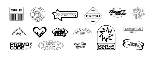 Trendy sale sticker set. Retro Y2K business discount text quote label collection. Black and white tag with love heart, web promotion message. Futuristic online offer bundle.	
