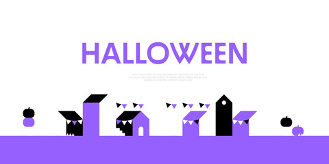 Happy halloween geometric mosaic web banner illustration. Modern flat october holiday cartoon house background, fun trick or treat party online invitation. Spooky internet event template.	
