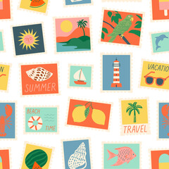 Vintage summer post card stamp seamless pattern. Retro style beach vacation postage sticker background illustration. Summertime season mail postmark texture print, postal label wallpaper.	
