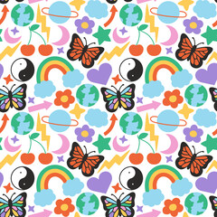 Fun retro cartoon sticker seamless pattern. Trendy 90s doodle icon background with flower, rainbow and butterfly. Colorful vintage groovy art label wallpaper, cool emoticon symbol print.	
