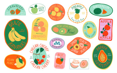 Set of vintage fruit label sticker cartoon illustration. Trendy hand drawn organic food tag collection. Fresh exotic tropical fruits, summer graphic decoration. Lemon, apple, orange, banana doodle.	
