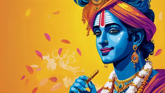 Hare Krishnas. Hindu male god or saint with blue skin, gold jewelry, colorful clothes and framed with colorful flowers