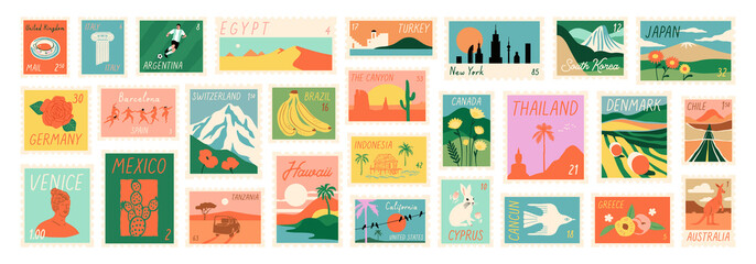 Set of vintage world travel post card stamp illustration. Retro style international country landscape postage sticker collection, famous landmark mail postmark, tourism city view postal label.	
