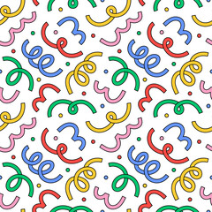 Fun colorful line doodle seamless pattern. Creative minimalist style art background for children or trendy design with basic shapes. Simple party confetti texture, childish scribble shape backdrop.	
