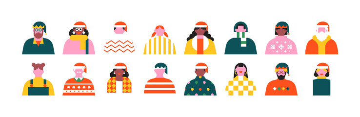 Diverse christmas people portrait illustration set. Colorful xmas celebration flat cartoon avatar element collection. Geometric style funny winter season group, festive holiday character team.	
