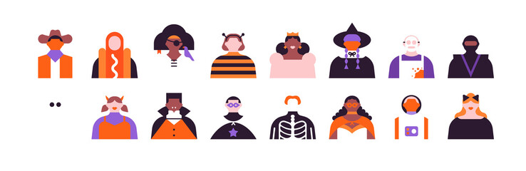Diverse people in halloween costume illustration. Colorful october party celebration flat cartoon portrait set. Geometric style funny monster group character graphic collection.	

