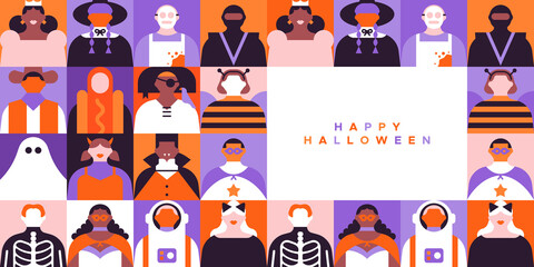 Happy halloween web template illustration with diverse people in costume. Funny geometric flat cartoon character crowd online banner. Party invitation, internet holiday event design.	

