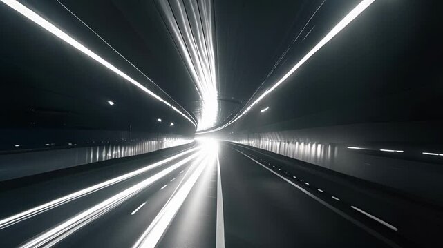 A black and white photo capturing the contrast between the dark tunnel and bright car lights.