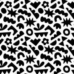 Abstract organic shape seamless pattern with black and white geometric doodles. Flat cartoon background, simple random shapes print texture.	
