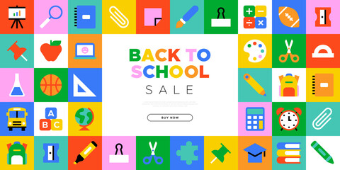 Back to school sale geometric web banner template. Modern flat education supplies cartoon icon background, fun study supply illustration. Children stationery shop, online business discount design.	
