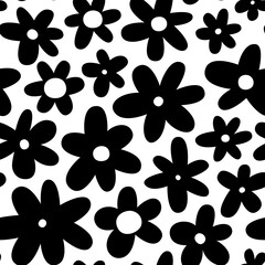 Black and white floral seamless pattern illustration. Vintage flower background art design. Retro spring artwork, groovy seventies nature backdrop with hippie flowers.	
