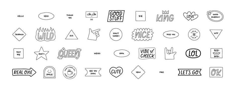 Set of fun black and white sticker illustration. Retro style hand drawn doodle quote label collection, funny chat text icon with modern slang and positive words. Isolated flat cartoon clip art bundle.