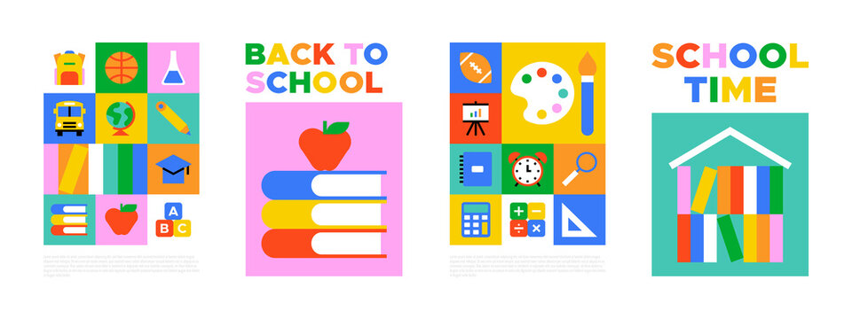 Colorful back to school geometric mosaic banner set. Modern flat education cartoon icon background, fun study concept illustration. Children stationery template, college subject symbol collection.