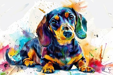 A colorful watercolor painting of a dachshund dog