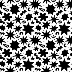 Abstract organic shape seamless pattern with black and white geometric doodles. Flat cartoon background, simple random shapes print texture.	
