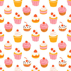 Hand drawn vintage dessert food seamless pattern. Sweet muffin background illustration with retro bakery goods, cup cake wallpaper. Pastry design texture, restaurant print.	
