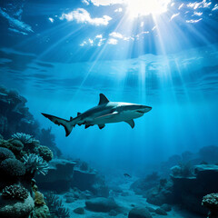 Fototapeta premium A shark swims underwater above colorful coral reefs, creating a stunning, high-resolution scene.