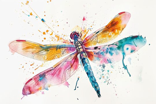 Watercolor painting of a colorful dragonfly on a white background